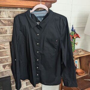 Tommy Hilfiger Women's Black Cotton Button Down Long Sleeve Shirt